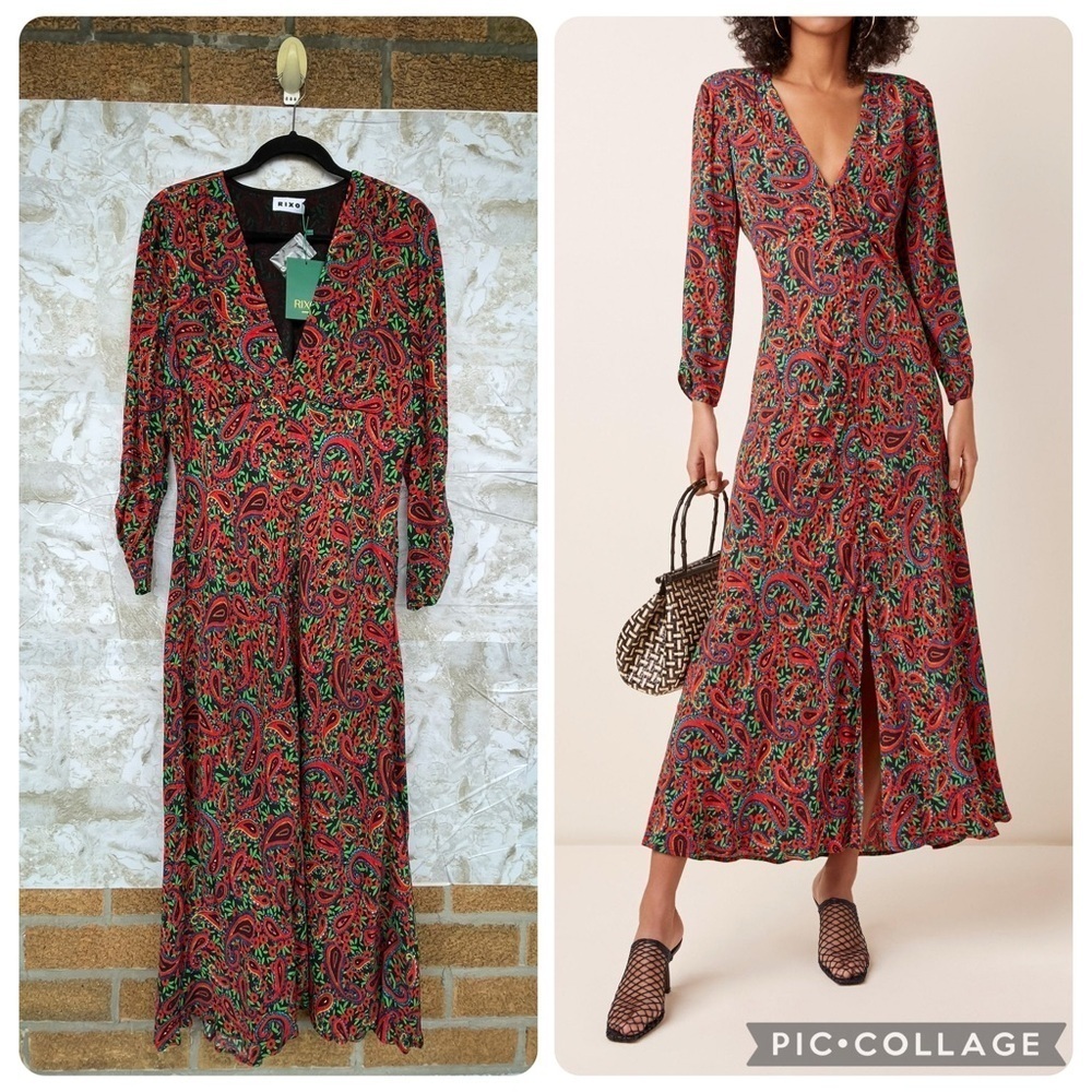 RIXO London Women's Red Katie Paisley Crepe Midi Dress size UK XL USA size 12